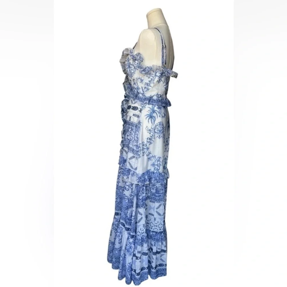 PatBO Amalfi Convertible White/Blue Printed Ruffle Chiffon Maxi Dress Size XS